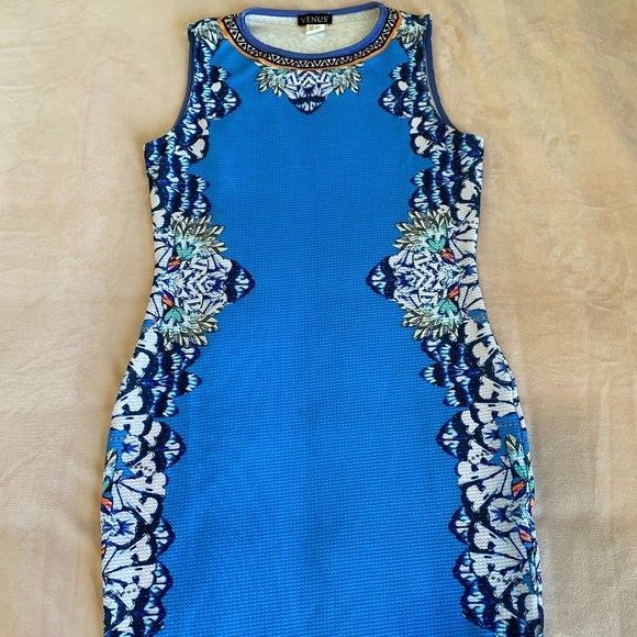 VENUS BODYCON BLUE & FLORAL PRINT DRESS IN POLY AND SPANDEX SIZE ME… - Picture 4 of 10